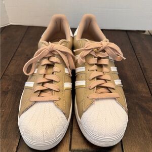 Adidas Superstar Tan and White Shell Toe Sneakers